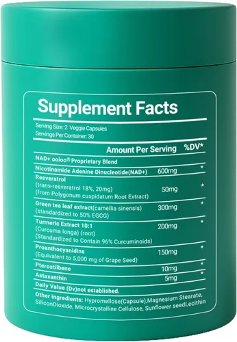 Vista 7 de ooioo Suplemento liposomal NAD+ - Suplemento de resveratrol NAD+ para mujeres y hombres - Apoyo energético y bienestar general - Sin OMG, cápsulas