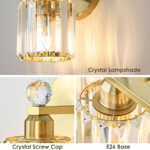 Vista 3 de Lámparas de baño doradas de 1 luz, modernas luces de tocador de baño con pantalla de cristal transparente, luces de montaje en pared de baño