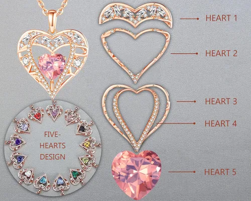 Vista 59 de Collar de cristal de 5 corazones, chapado en oro rosa de 18 quilates, colgante con cadena de plata de ley 925 de 18 + 2 pulgadas, joyería de piedra