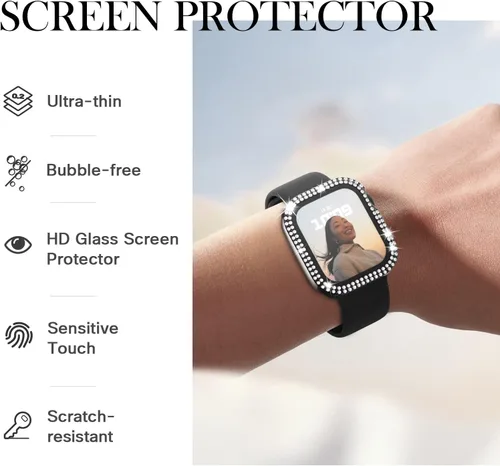 Vista 3 de Adepoy Funda para Apple Watch de 38 mm Serie 3/2/1 con protector de pantalla de vidrio templado, doble Bling Case Crystal Diamonds Bumper Total Hard