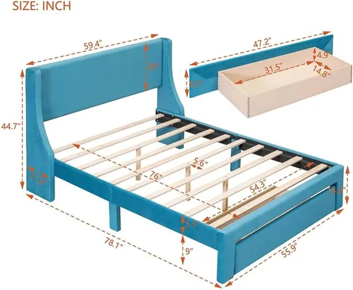 Vista 2 de Anwick Base de cama de terciopelo de tamaño matrimonial con cajón de almacenamiento, cama moderna tapizada con cabecera y listones de madera maciza