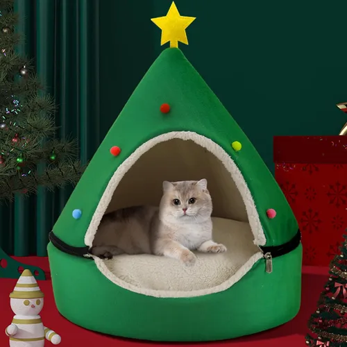 Vista 6 de Detachable Christmas Tree Cat Bed, Self-Warming Comfortable Pet Teepee Indoor Cave for Puppy Kitten Green, Christmas Cat Bed