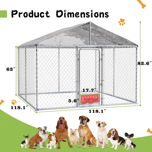 Vista 9 de Grepatio Perrera para perros al aire libre de 10 x 10 pies con techo, recinto exterior para perros con 2 comederos giratorios, cerca para perros
