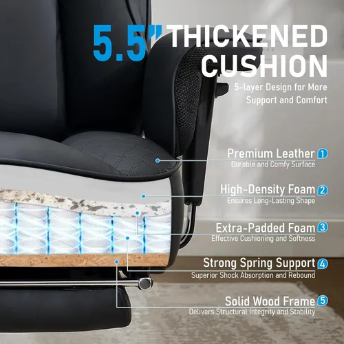 Vista 5 de Silla de oficina grande y alta, silla reclinable ergonómica de cuero con reposapiés, cómodas sillas de escritorio ejecutivas para computadora