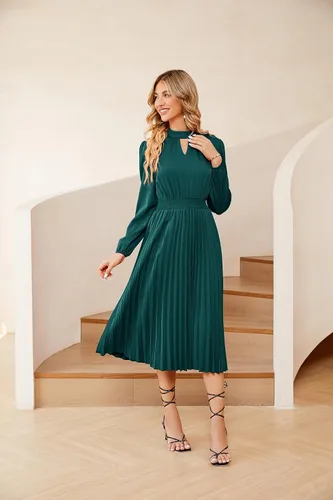 Vista 9 de JASAMBAC Vestido midi plisado de manga larga para mujer