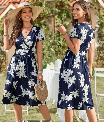 Vista 2 de OUGES - Vestido de fiesta corto de verano para mujer, diseño con mangas cortas, cuello en V, estampado floral y bolsillos