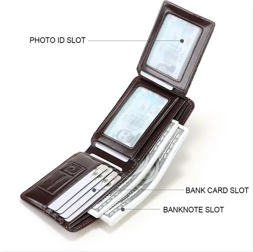 Vista 29 de Billetera de piel triple con bloqueo RFID para hombre con 2 ventanas de identificación, 2 compartimentos para efectivo, 6-8 ranuras para tarjetas
