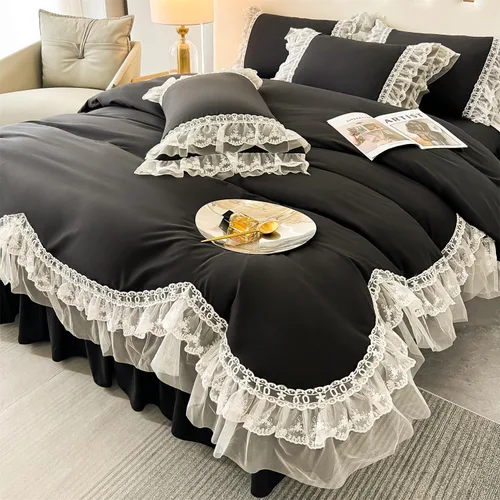 Vista 5 de MOOWOO Chic - Juego de funda de edredón de poliéster y encaje con volantes, ropa de cama negra para niña, funda de edredón de 2 piezas con cierre