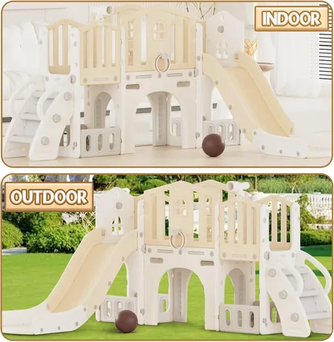 Vista 5 de XJD Juego de toboganes 9 en 1 para niños pequeños a partir de 1 año, juego de tobogán escalador con aro de baloncesto y pelota, parque infantil Beige