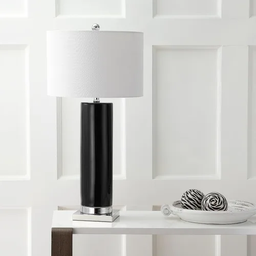 Vista 6 de JONATHAN Y Lámpara de mesa de cerámica negra y cromada de 31.5 pulgadas con base cromada para sala de estar, pantalla de tambor de lino blanco
