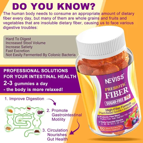 Vista 3 de 1 Paquete de Gomitas de Fibra para Adultos con Cáscara de Psyllium, 7G (Fibra Prebiótica Soluble + Insoluble) Diaria con Inulina, FOS, Goma de Guar