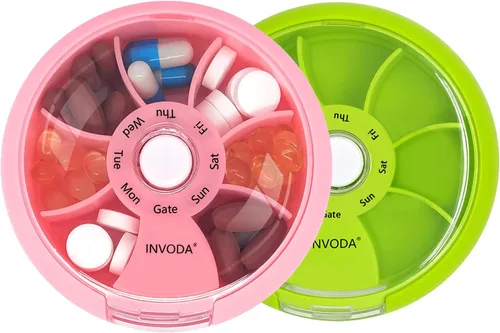 Vista 17 de 12 PIEZAS INVODA - Organizador semanal de pastillas con 7 compartimentos, pastillero giratorio para medicación diaria y vitaminas - Estuche portátil