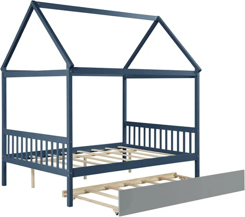 Vista 7 de Camas de casa matrimonial con nido para niños, marco de cama de madera para niñas y niños, no necesita resorte, tamaño matrimonial, azul