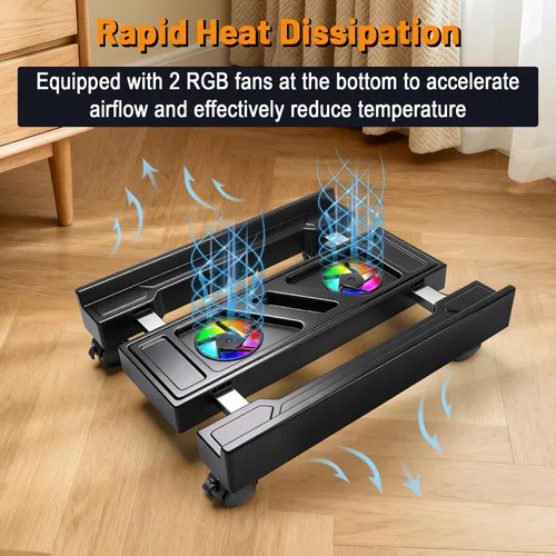 Vista 3 de Tendak Soporte de torre ajustable para computadora con ventilador de refrigeración, soporte de suelo móvil para CPU con 4 ruedas giratorias