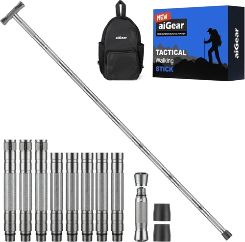 Vista 12 de aiGear G3 Tactical Walking Stick Self Defense, Upgraded Durable Hiking Stick with Multitool Adjustable 5-8 Tubes Modular Design for Hiking Camping