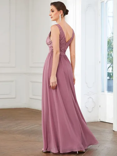 Vista 2 de Ever-Pretty Mujeres doble cuello en V elástico encaje sin mangas gasa una línea Maxi vestidos de noche 0163A