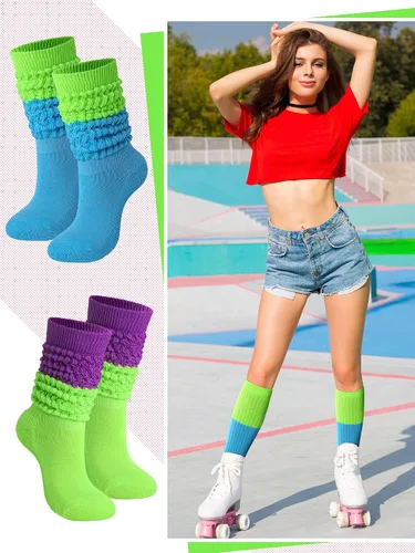 Vista 6 de Janmercy 4 Pairs Slouch Socks for Women Bulk Stacked Boot 80s 90s Neon Slouch Knit Scrunchie Socks