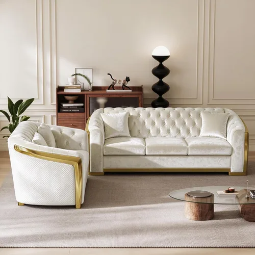 Vista 8 de DAMAIFROM Sofá Chesterfield moderno de mediados de siglo, sofá de terciopelo de 62" blanco y dorado, sofá biplaza curvo de lujo para sala de estar