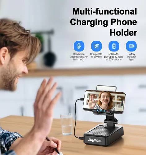 Vista 2 de Regalos para hombres y mujeres, soporte para teléfono con altavoz Bluetooth y función de carga, ángulo rotatorio de 360° ajustable, soporte