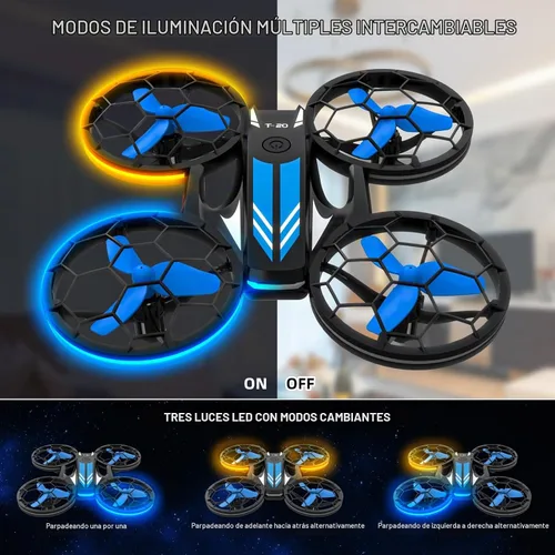 Vista 2 de Drones - Drone RC con auto flotante y modo sin cabeza, cuadricóptero con luz LED, hélice de protección completa, giros 3D, 3 baterías, control