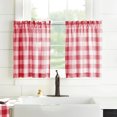 Vista 10 de Elrene Home Fashions Farmhouse Living Buffalo-Check Juego de cortinas de dos niveles para baño o cocina, 30" x 24" (Juego de 2 niveles), Gris/Blanco