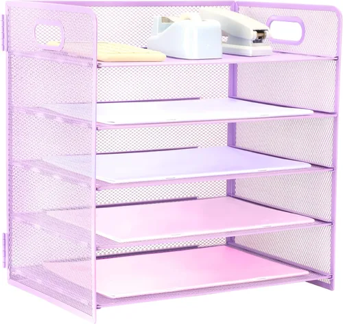 Vista 9 de Organizador de 3 niveles con asa, organizador de archivos de escritorio de malla metálica con bandejas deslizantes, escritorio clasificador de papel