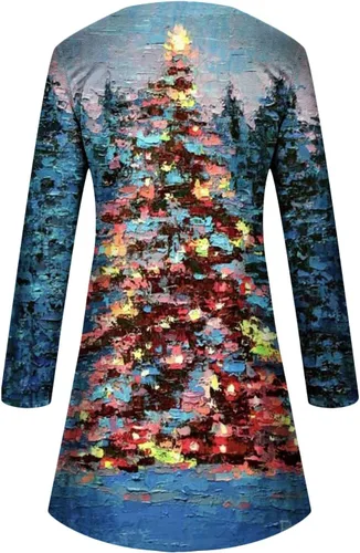 Vista 3 de Vestido de Navidad para mujer, estampado de árbol de Navidad en 3D, vestido de manga larga, vestido tipo camiseta, vestido casual de vacaciones