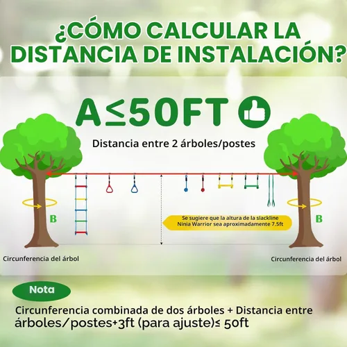 Vista 5 de Dripex Carrera de obstáculos Ninja Warrior para niños, líneas de holgura de 2 x 50 pies para patio trasero con 8 accesorios ninja, barra de mono
