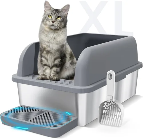 Vista 8 de Caja de arena de acero inoxidable para gatos con tapa cerrada, caja de arena extra grande para gatos grandes, bandeja de arena de metal XL