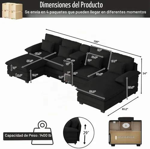 Vista 2 de Sofá nube en forma de U de 130 pulgadas con casa para gatos, sofá modular de gran tamaño para sala de estar, cómodo sofá grande de chenilla, juego