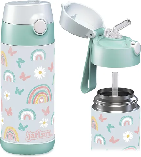 Vista 26 de Jarlson® CHARLI - Botella de agua para niños [12 onzas], botella térmica de acero inoxidable con pajilla, botella de agua aislada a prueba