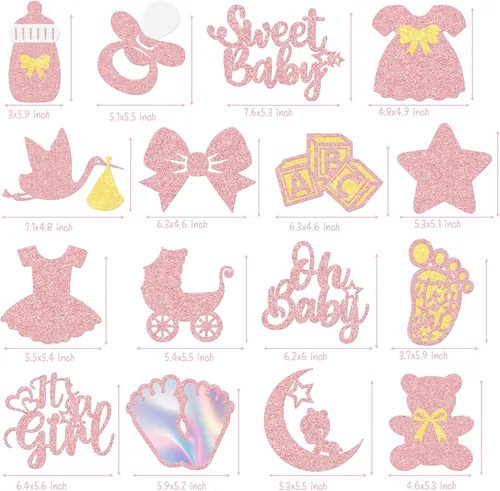 Vista 6 de 16 piezas de centros de mesa de fiesta It's A Girl para niñas, decoración de fiesta de baby shower, con purpurina de oro rosa Oh Baby Reveal