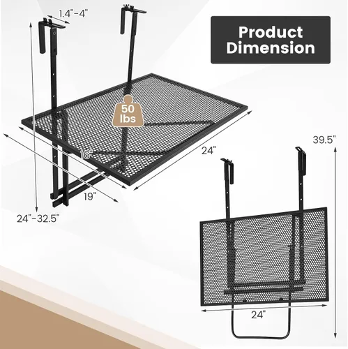 Vista 7 de Giantex Mesa colgante plegable para exteriores con 5 niveles de altura, revestimiento antioxidante, se adapta a barandillas de 1.4 a 4 pulgadas