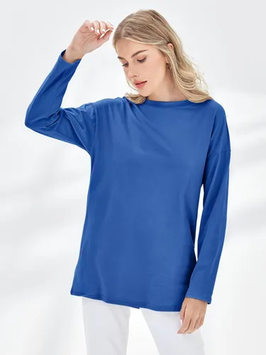 Vista 32 de Fisoew Camisetas de manga larga para mujer, holgadas, casuales, con cuello redondo, blusa suave