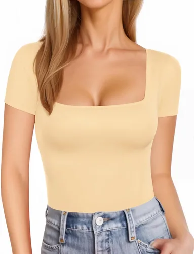 Vista 22 de MANGOPOP - Camisetas ajustadas de manga corta y manga larga con cuello cuadrado para mujer A01 Manga Corta Negro