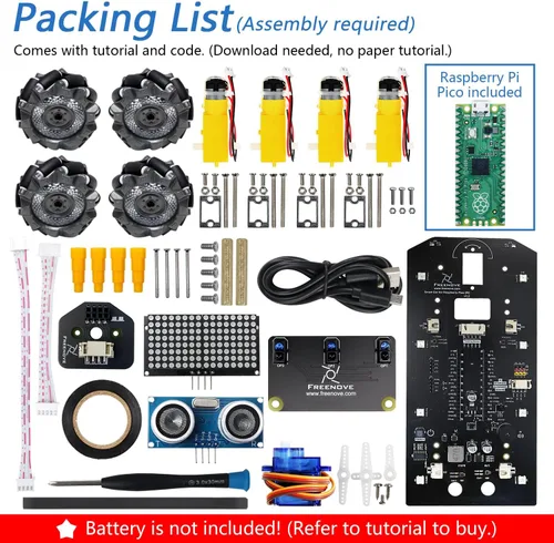 Vista 2 de Freenove Mecanum Wheel - Kit de coche para Raspberry Pi Pico (incluido) (compatible con Arduino IDE), expresiones de matriz de puntos, prevención