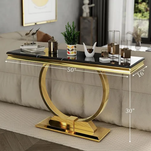 Vista 2 de Mesa consola Asday dorada, mesa de entrada de 50 pulgadas en negro glamuroso y dorado con base en forma de U, mesa de entrada dorada pulida