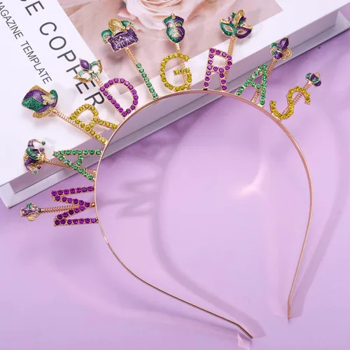 Vista 6 de Diadema de Mardi Gras para mujer, máscara de flor de lis, diadema de diamantes de imitación, diadema de martes gordos de carnaval, desfile