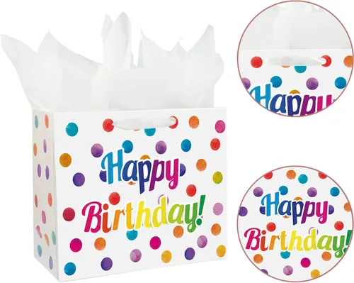 Vista 3 de Bolsa de regalo de cumpleaños grande de 13 pulgadas con tarjetas y papeles de seda para niños con asas (puntos)