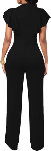 Vista 3 de Overol elegante para mujer, sexy, cuello en V, manga larga, recto, pantalones largos brillantes con cinturón