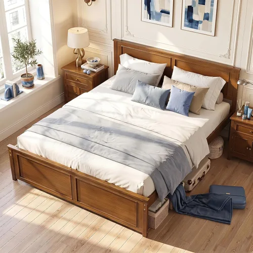 Vista 13 de KOMFOTT Twin Size Bed Frame, Farmhouse Wooden Platform Bed with Headboard Nogal