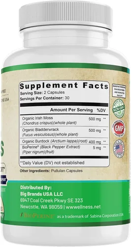 Vista 7 de Musgo marino orgánico Apoyo inmunológico y salud cerebral Vejiga, raíz de bardana y bioperina Todo natural, sin lácteos, sin gluten 60