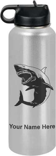 Vista 14 de LaserGram Botella de agua personalizada, gran tiburón blanco, acero inoxidable de doble pared aislada al vacío con popote superior, regalo grabado