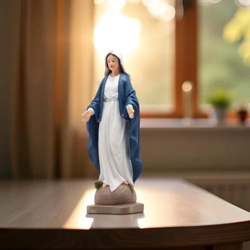 Vista 9 de Estatua de Nuestra Señora de Gracia – Figura de 8.5 pulgadas, decoración religiosa católica de resina para altar del hogar, mesa de oración, Azul