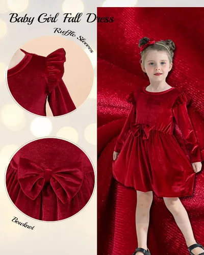 Vista 4 de Kucnuzki Vestido de terciopelo para niña pequeña, vestido de terciopelo sólido para niña, vestido de princesa casual para fiesta de otoño