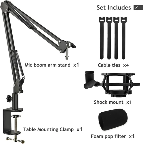 Vista 7 de Soporte de micrófono AT2020, brazo de micrófono ajustable con soporte de choque, parabrisas de espuma y bridas para cables, para AT2020 AT2020USB