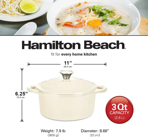Vista 7 de Hamilton Beach Olla holandesa de hierro fundido esmaltado de 3 cuartos de galón con tapa, color crema
