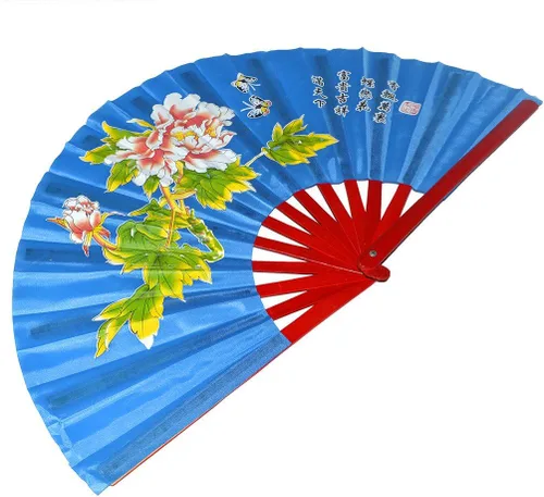 Vista 2 de Chino Kung Fu Tai Chi Fan Arts Dance/Practice Performance Bamboo Plegable Fan Peony Flower Pattern (azul)