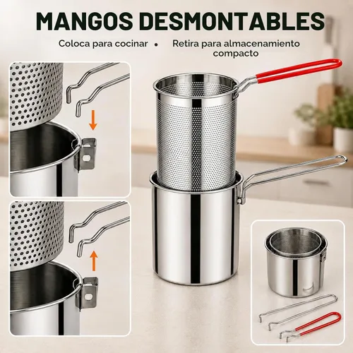 Vista 2 de Nueva olla de freidora de acero inoxidable 304 con cesta y asa (3 piezas)