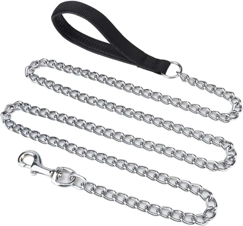 Vista 10 de Correa y collar de metal para perro, cadena a prueba de mordidas de 4 pies con cadena en P, correa resistente para mascotas con mango acolchado